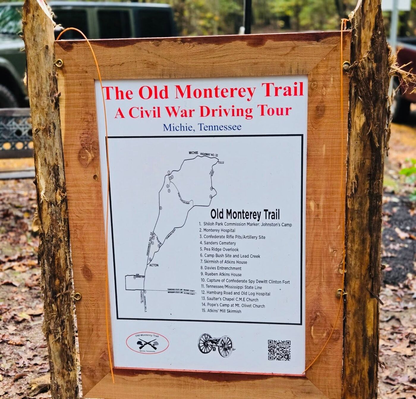 Old Monterey Trail Civil War driving tour sign and map in Michie, Tennessee